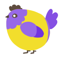 A yellow and blurple chicken with a head pattern