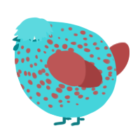 A aqua and red chicken with a speckle pattern