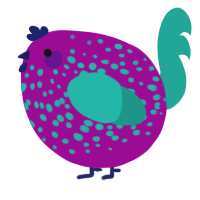 A plum and turquoise chicken with a speckle pattern