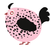 A rose and black chicken with a speckle pattern
