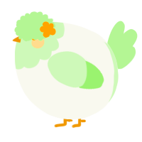 A white and gluppy chicken with a head pattern