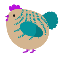 A beige and teal chicken with a half-bar pattern