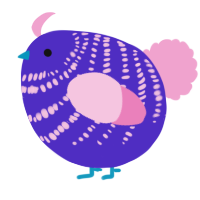 A indigo and pink chicken with a bar pattern