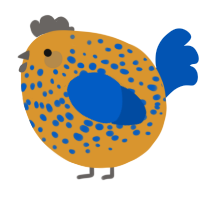 A orange and ultramarine chicken with a speckle pattern