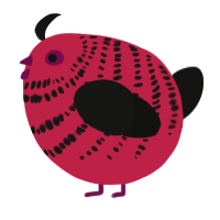 A crimson and black chicken with a bar pattern