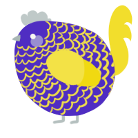 A indigo and yellow chicken with a lace pattern
