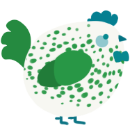 A white and viridian chicken with a speckle pattern