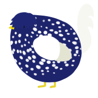 A navy and white chicken with a speckle pattern