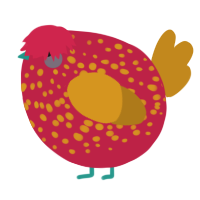 A crimson and ochre chicken with a speckle pattern