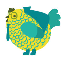 A yellow and turquoise chicken with a lace pattern