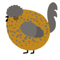 A ochre and grey chicken with a speckle pattern