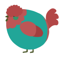 A turquoise and red chicken with a head pattern