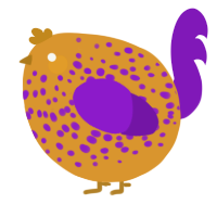 A orange and violet chicken with a speckle pattern
