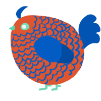 A vermilion and ultramarine chicken with a lace pattern