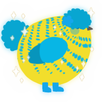 A yellow and cerulean chicken with a bar pattern