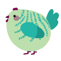 A gluppy and turquoise chicken with a half-bar pattern