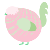 A rose and gluppy chicken with a bar pattern