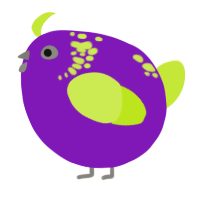 A violet and lime chicken with a neck-speckle pattern