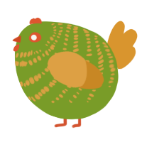 A chartreuse and orange chicken with a bar pattern