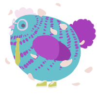 A sky and violet chicken with a bar pattern
