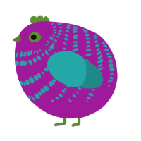 A fuchsia and turquoise chicken with a bar pattern