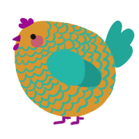 A orange and turquoise chicken with a lace pattern