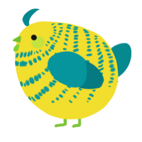 A yellow and teal chicken with a bar pattern