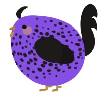 A blurple and sable chicken with a speckle pattern