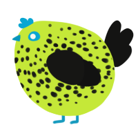 A lime and black chicken with a speckle pattern