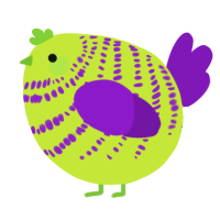 A lime and violet chicken with a bar pattern