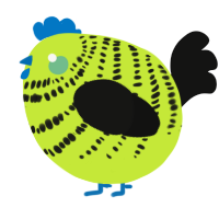 A lime and black chicken with a bar pattern
