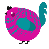 A fuchsia and teal chicken with a bar pattern