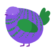 A blurple and viridian chicken with a bar pattern
