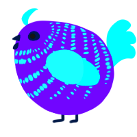 A blurple and aqua chicken with a bar pattern