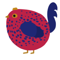 A crimson and navy chicken with a speckle pattern