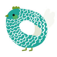 A turquoise and white chicken with a lace pattern