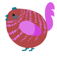 A red and orchid chicken with a bar pattern