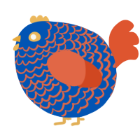A ultramarine and vermilion chicken with a lace pattern