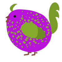 A amethyst and chartreuse chicken with a speckle pattern