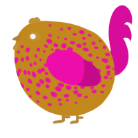 A ochre and fuchsia chicken with a speckle pattern