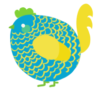 A cerulean and yellow chicken with a lace pattern