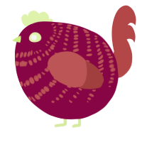 A maroon and red chicken with a bar pattern