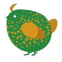 A viridian and ochre chicken with a speckle pattern