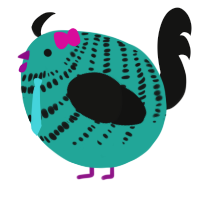 A turquoise and black chicken with a bar pattern