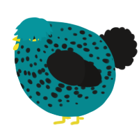 A teal and sable chicken with a speckle pattern
