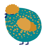 A teal and orange chicken with a speckle pattern