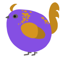 A blurple and ochre chicken with a neck-speckle pattern