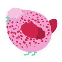 A pink and crimson chicken with a speckle pattern