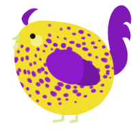 A yellow and violet chicken with a speckle pattern