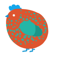 A vermilion and turquoise chicken with a speckle pattern